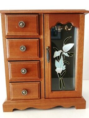 Vintage Wooden Jewelry Chest with Floral Glass Door - Brown